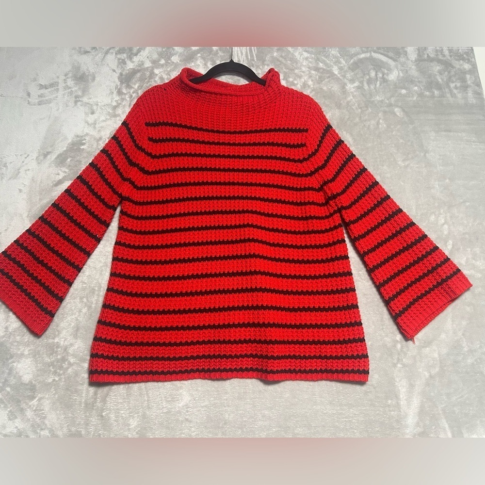 New Directions Mock Neck Sweater Women’s XL Red Black Stripe Open Knit